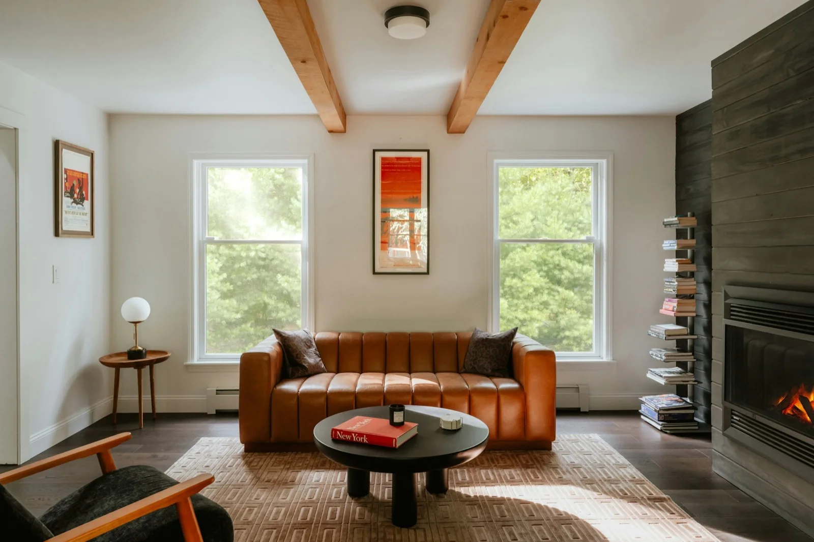Warm lounge with fire burning