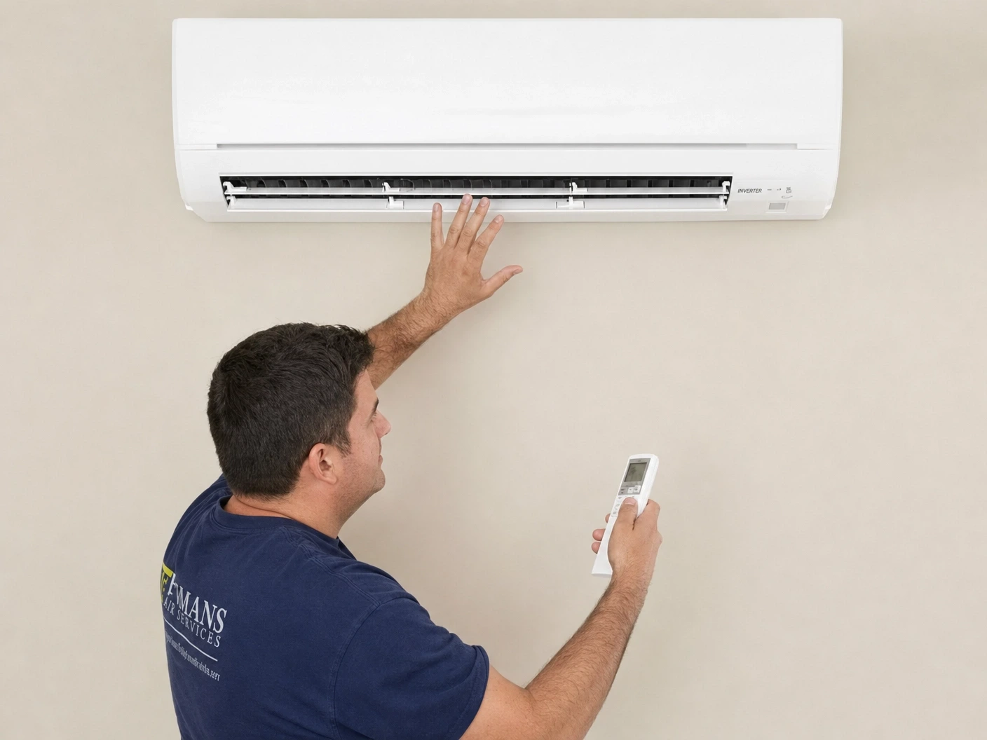 Serviceman technician installing a heat pump