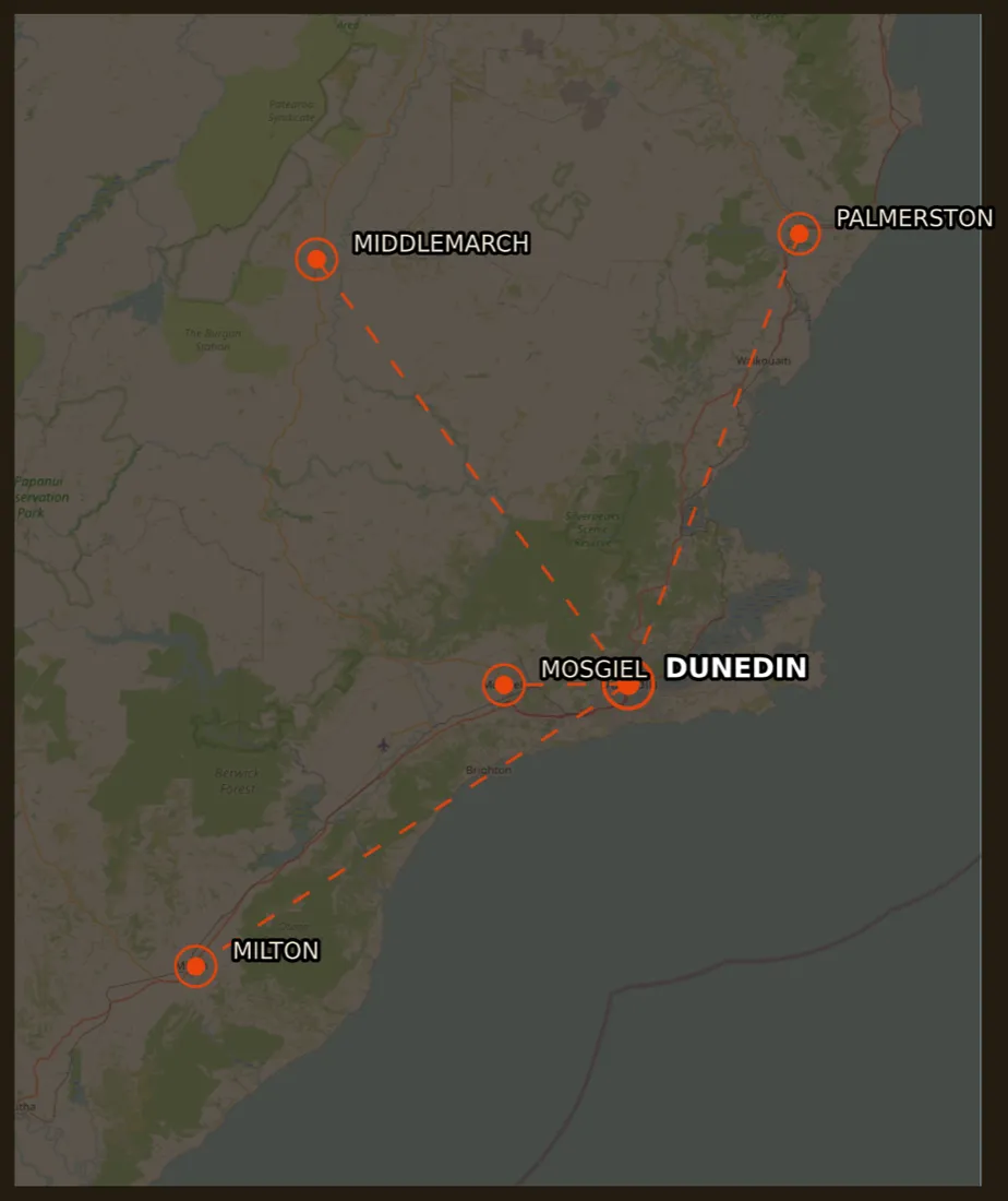 Map of Serviceman's electrical and heat pump service area covering Dunedin, Mosgiel, Port Chalmers, Middlemarch and greater Otago